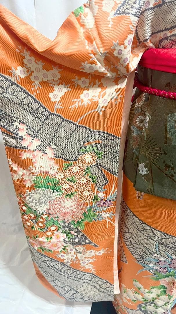 美品】振袖フルセット成人式6点セット オレンジ/緑/黒/ピンク/花柄/