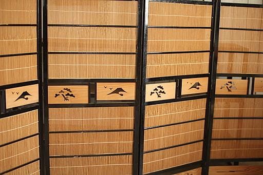 古い竹簾屏風 衝立 目隠し 四つ折り 透かし彫り 古民家 古道具