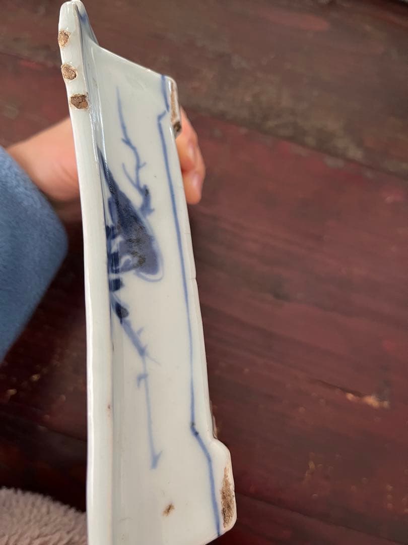 希少無傷中国美術明天啓古染付牛車に翁紗綾紋隅切角皿古伊万里清朝期