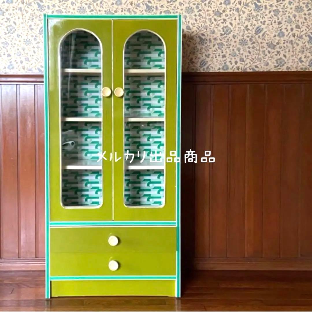 昭和レトロポップ 食器棚 飾り棚 本棚 アーチ窓 アンティーク グリーン
