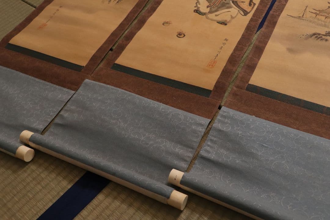 【模写】日本画 狩野素川(章信) 寿老人 山水 三幅対 絹本 掛軸 MA446