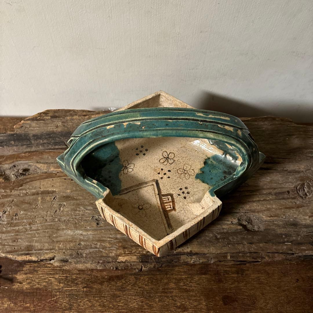 時代　織部松皮菱形手鉢　手付菓子鉢　懐石　瀬戸　志野　古美術　茶道具　検:李朝