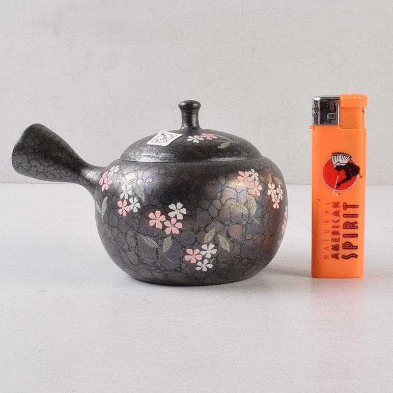 常滑焼　昭龍作　天目釉　福型小花文　急須　茶注　共箱　V　R9218