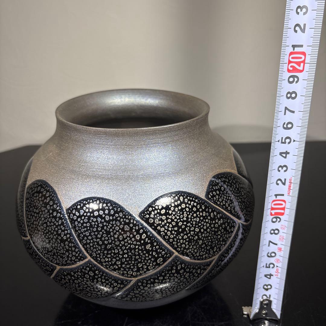 真作　希少作　久田重義　油滴三ッ編文花器