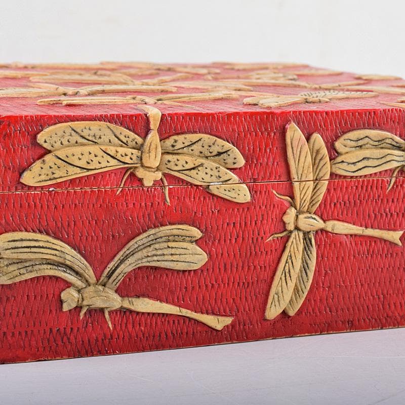 中国 彩色玉石彫刻 蜻蛉彫 四方箱 D R8492