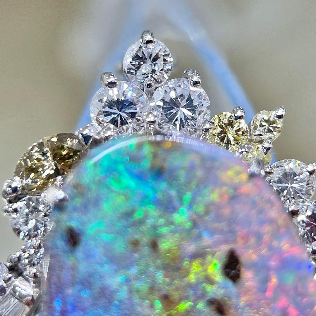 天然ボルダーオパール ダイヤ入 K18WG K14WGブローチ 帯留 ユーズド品