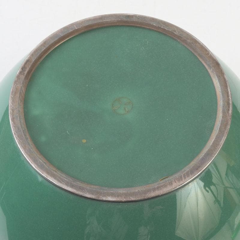 七宝焼 安藤七宝店 純銀刻印 緑釉 花文 花瓶 V 9659