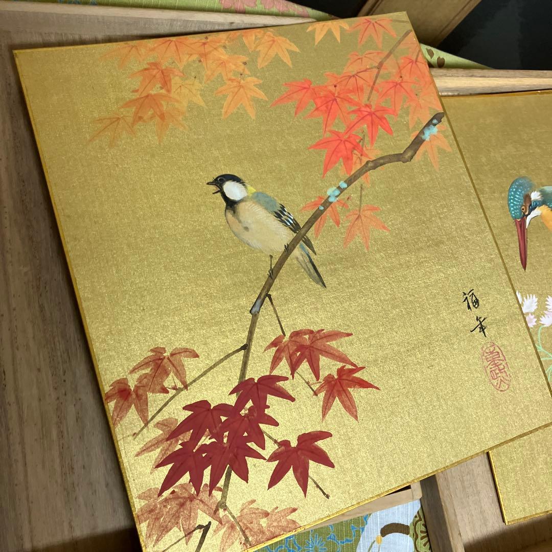 花鳥画色紙四枚 日本画家「小西福年」作