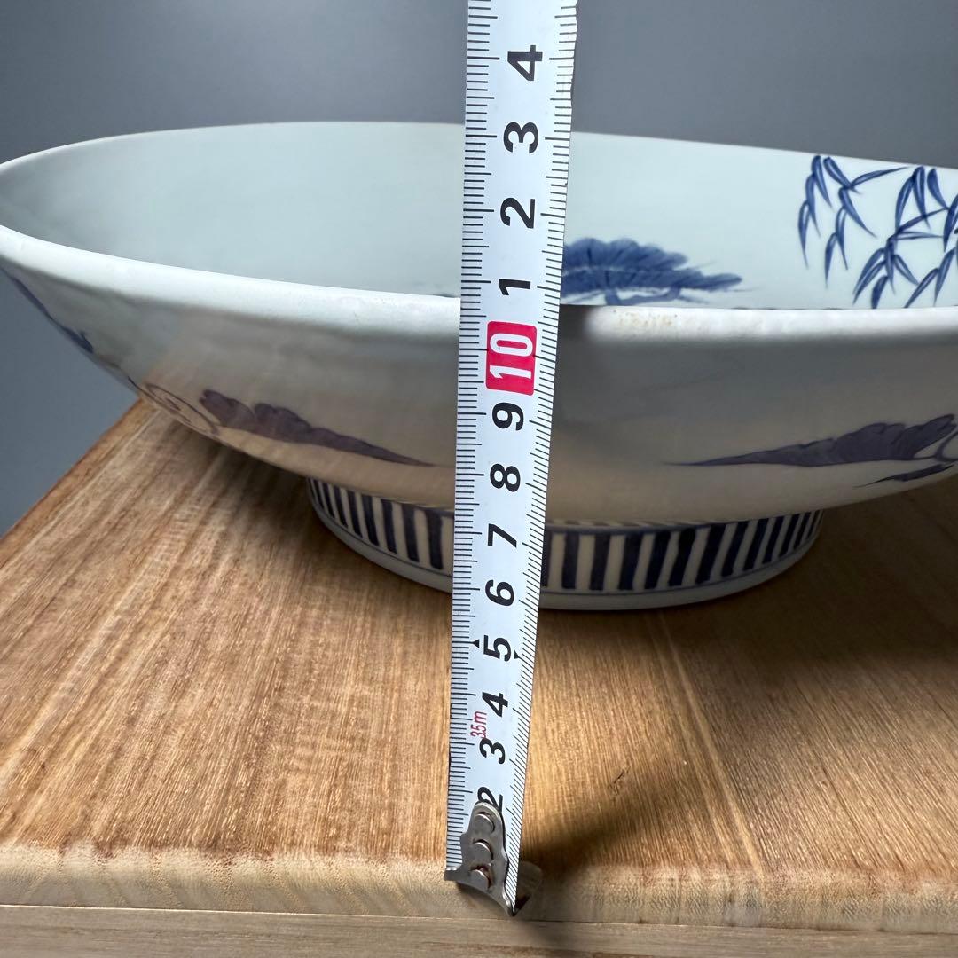 江戸後期 染付松竹梅大皿 後期鍋島 三方兜唐花文 高台櫛目文 桐箱付