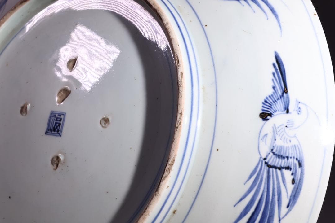 江戸中期 古伊万里 染付 大皿 花鳥風月図 角福銘 直径42㎝