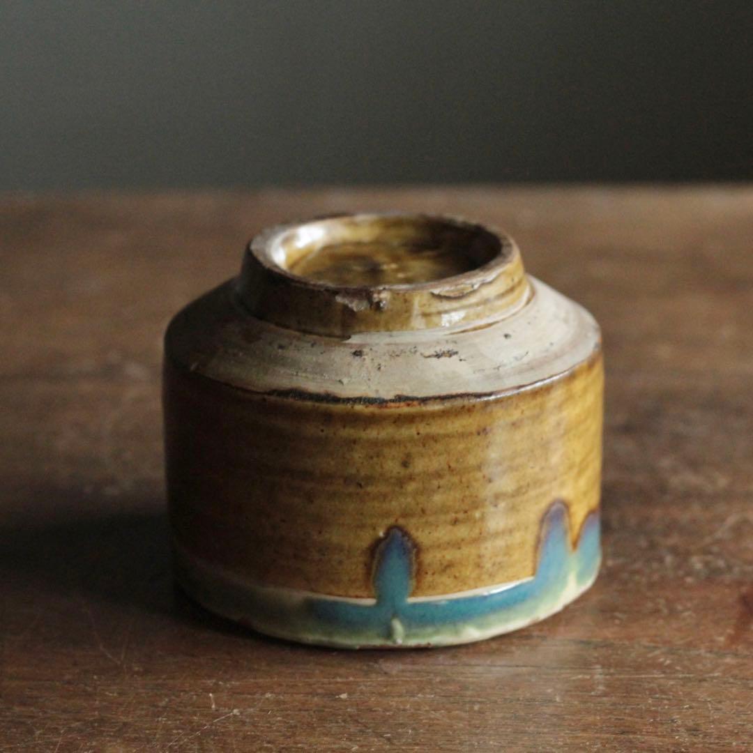壺屋焼 緑掛け飴釉 火入 筒茶碗 古道具 アンティーク 壺屋焼 緑掛け