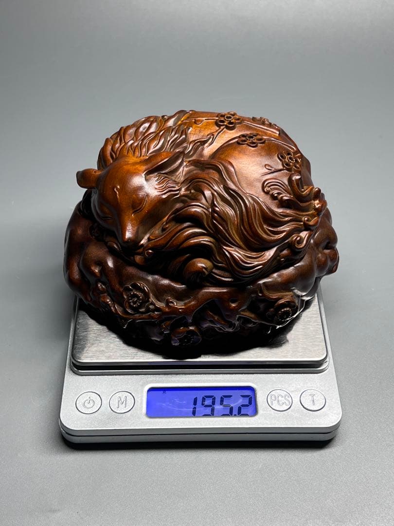 古美術 黄楊木 本物拓植 香炉 香道具 置物 九尾の狐 手作り 極細