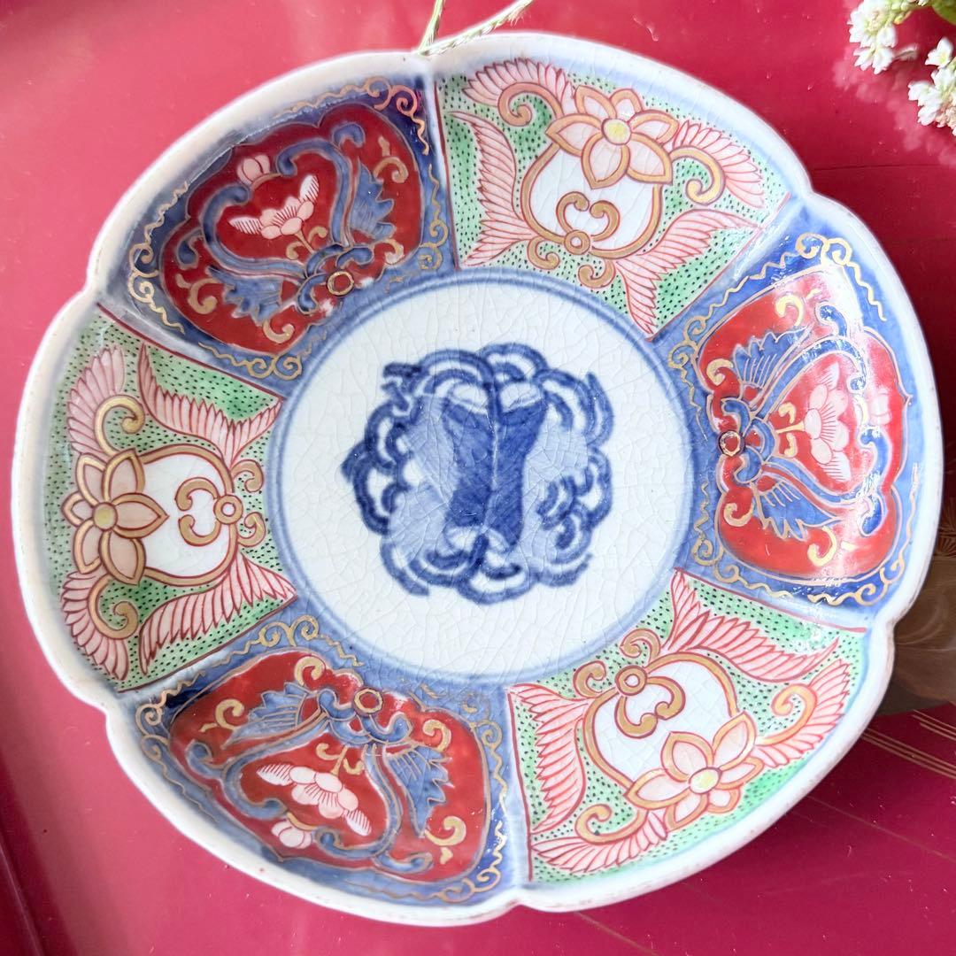 2208様感謝‼️明治27年‼️超絶伊万里錦手　軍配❌瓔珞文　輪花縁小皿5客高橋氏
