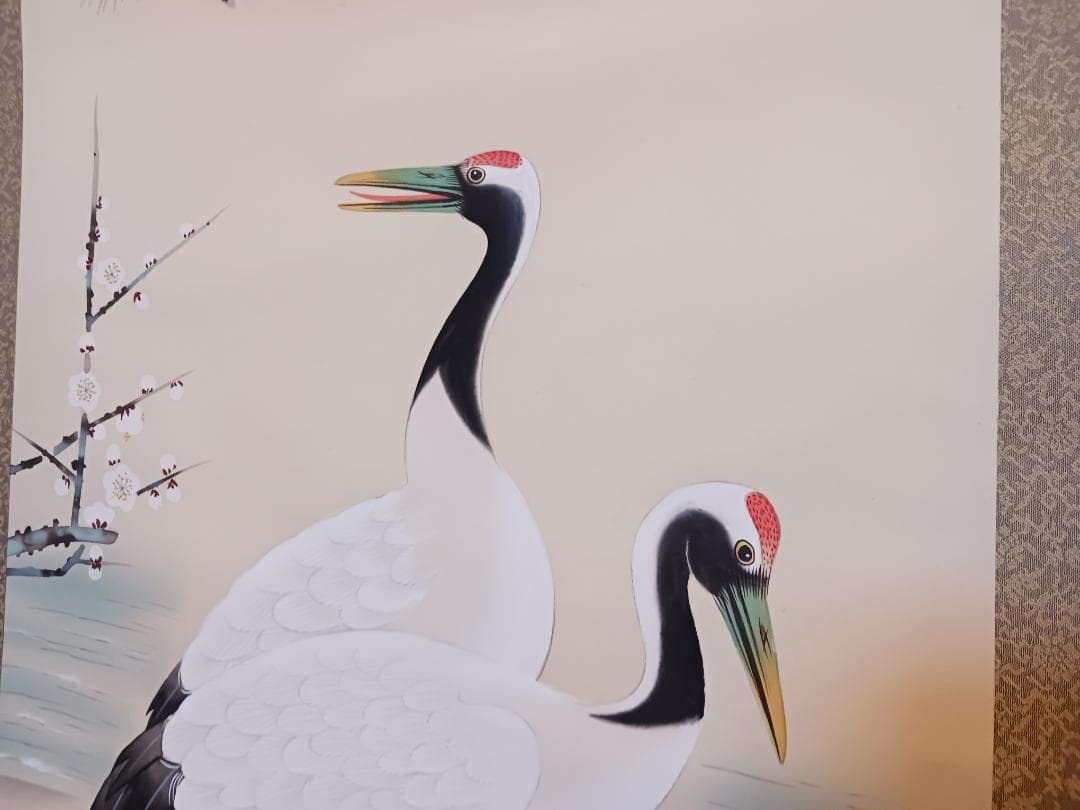 春雪作】丹頂鶴と亀 松竹梅 美品 高級掛軸 日本画 縁起物