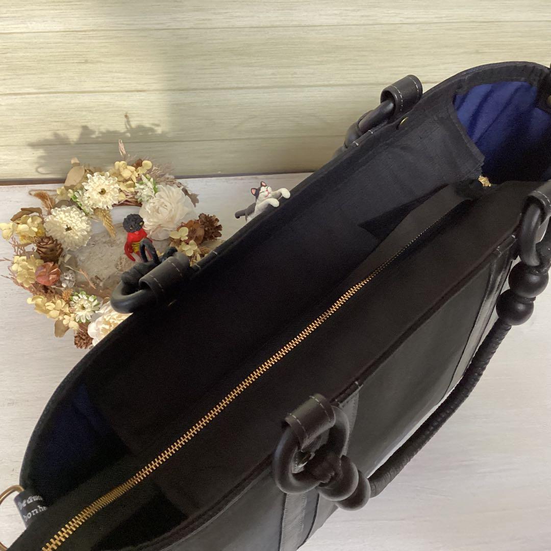 大島紬 ×本革 着物リメイク トートバッグ 和装バッグ ハンドメイド 雪輪柄 黒