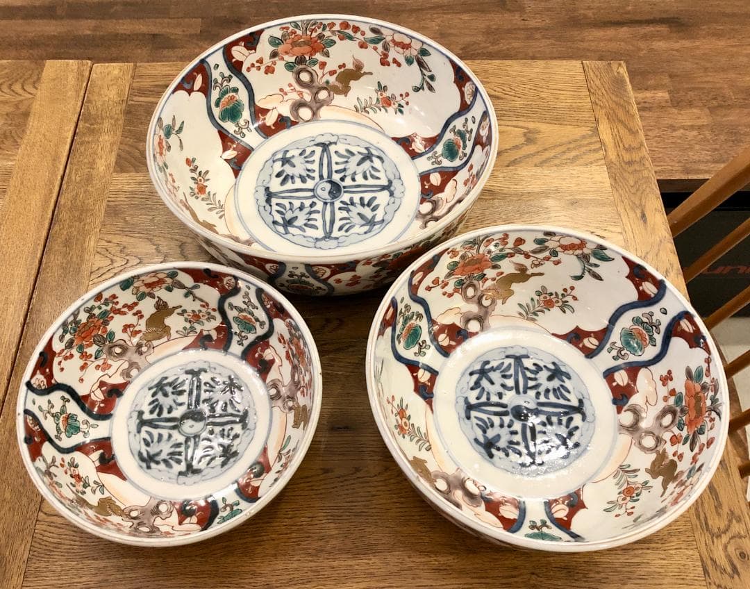 古伊万里 色絵 窓絵 三ツ鉢 三つ組鉢 二重高台 江戸末期 生活