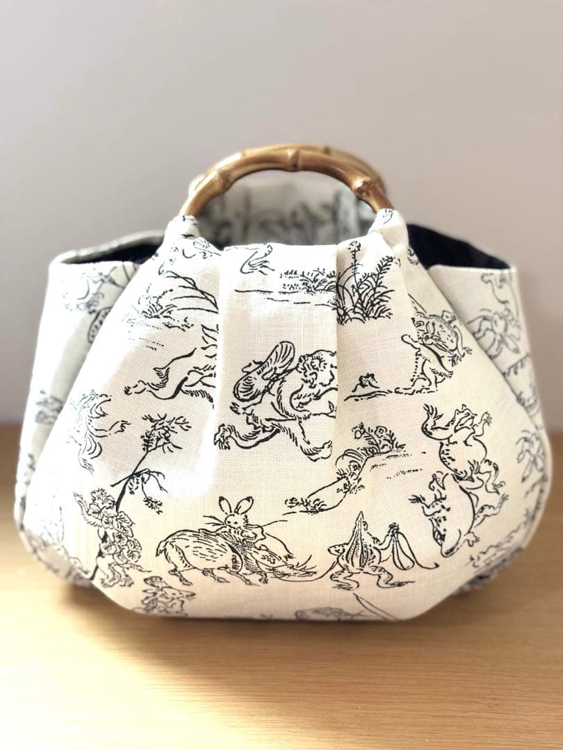 和装バック　着物バック和柄コットン生地・鳥獣戯画（アイボリー）入学卒業結婚式振袖