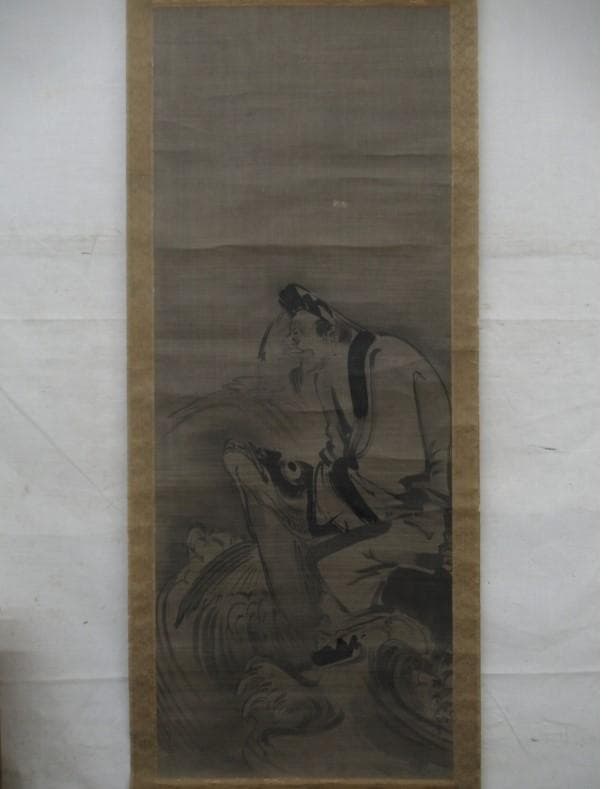 【真筆】★狩野探幽 『宮内卿法印』琴高仙人図 ★肉筆絹本 狩野派 検）雪舟