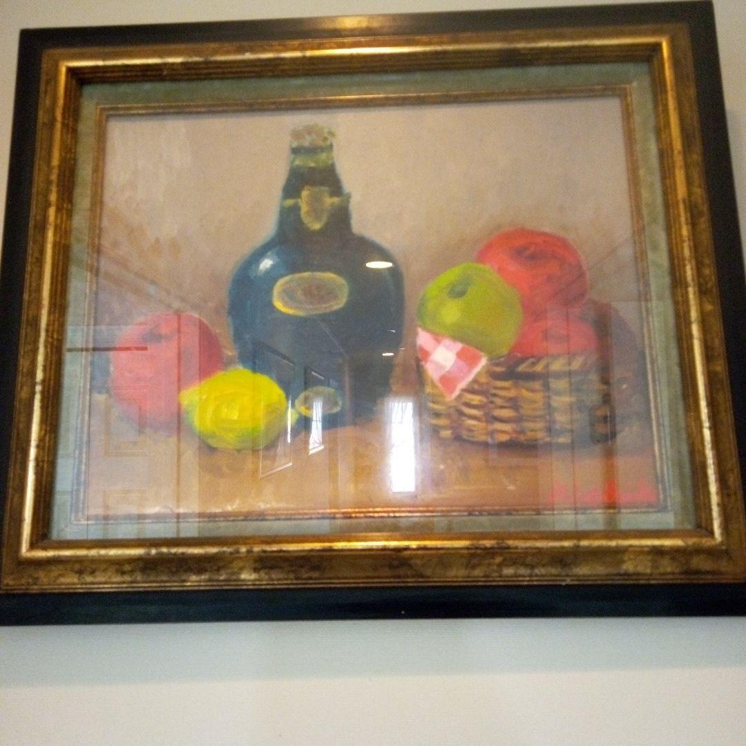 静物画 油彩画 果物とボトル