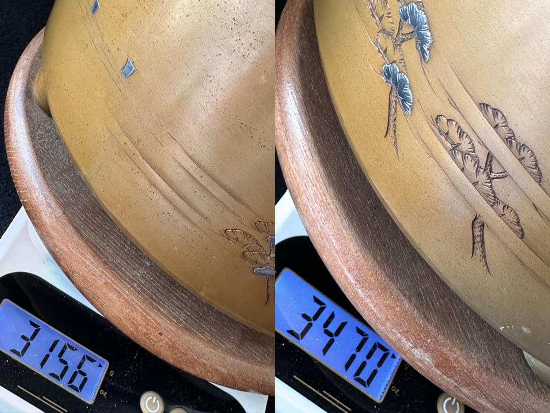 宣徳銅火鉢一対 三保の富士象嵌入れ 一対重量約6.6kg 共