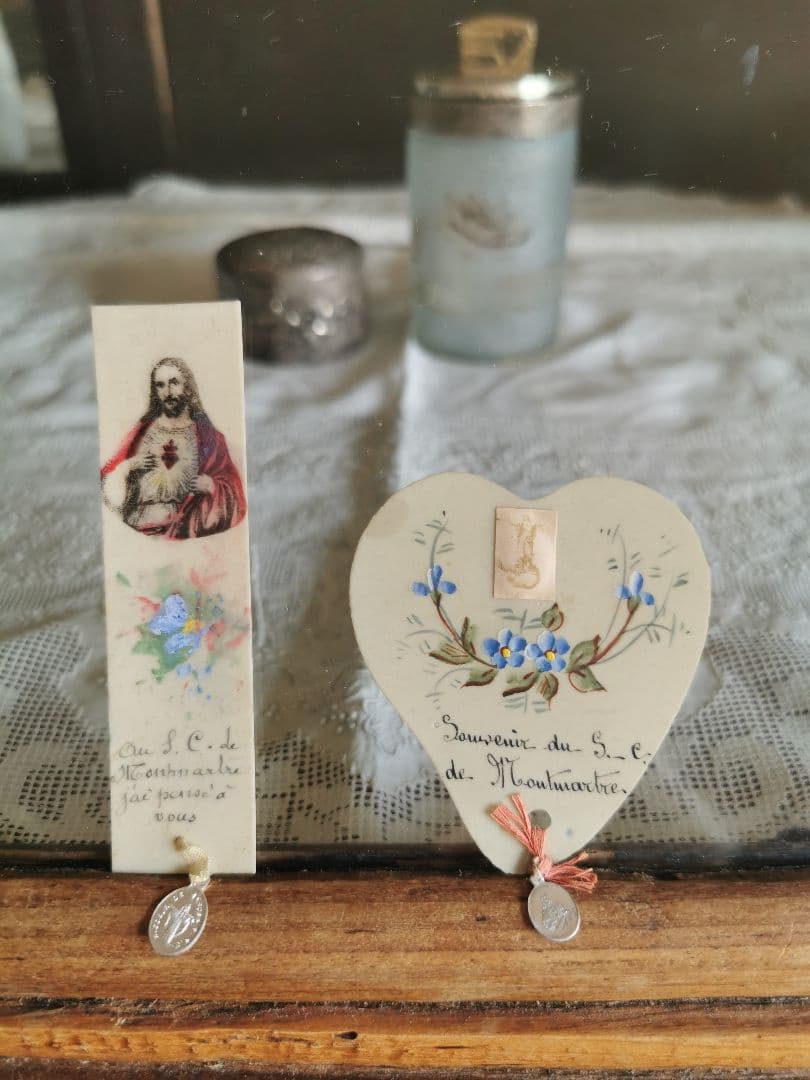 希少】アンティーク聖書と聖母マリア レースのホーリーカードのセット