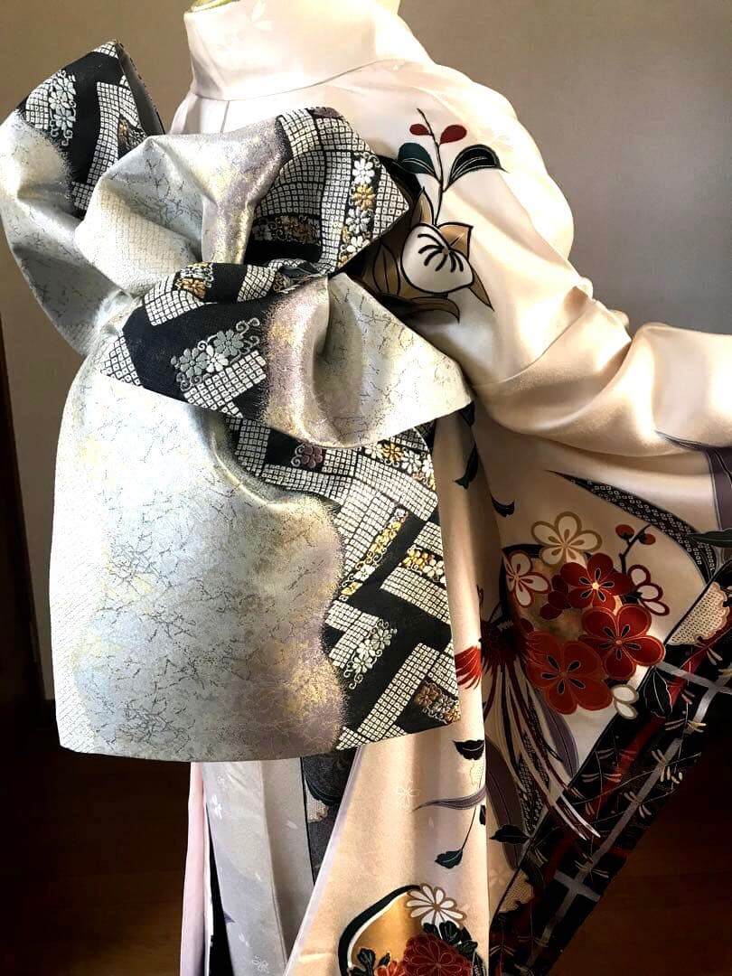 振袖フルセット 正絹 9点 白 伝統祝い花 尾長鶏 シックカッコイイ