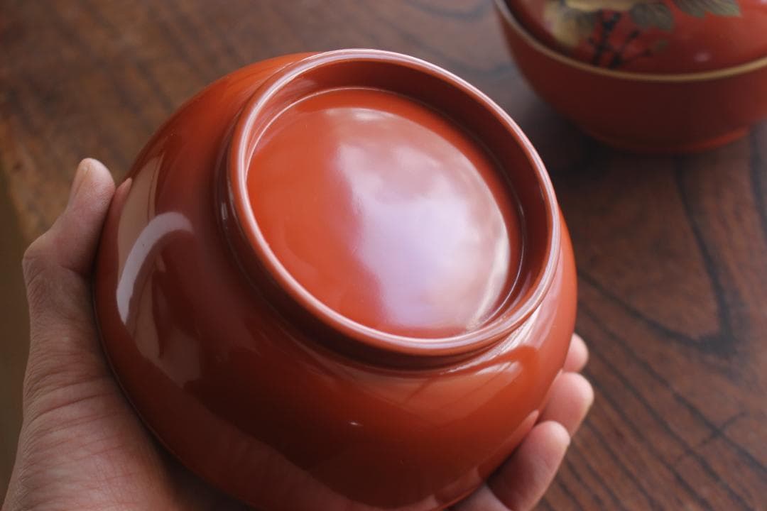 デッドストック！時代金縁朱漆に優美な牡丹蒔絵の映える煮物椀2点（検