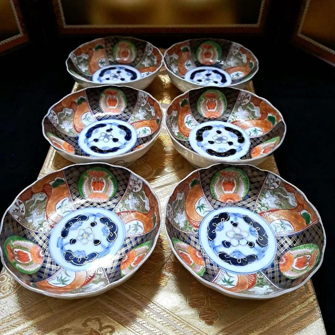 アンティーク　古伊万里　染錦　懐石皿　なます皿　5寸　6客揃　色絵　深鉢 アンティーク 古伊万里 染錦 懐石皿 なます皿 5寸 6客揃 色絵