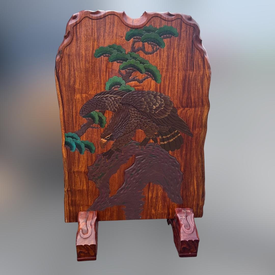 k.s　鷹の衝立　烏城彫　鷹松図　パーテーション　　衝立　間仕切り　62ｋ