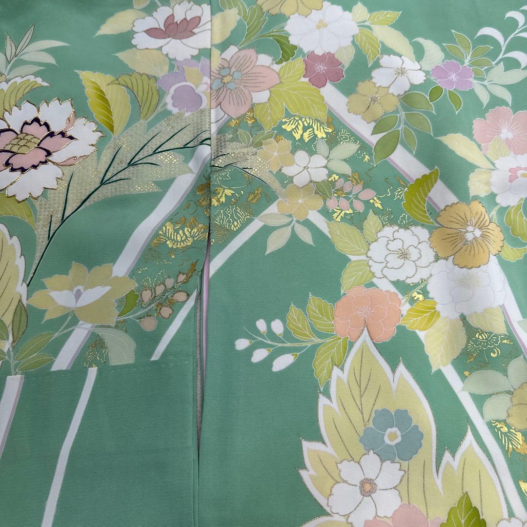 千總 京友禅 華文 グリーン系 刺繍 振袖 千總（ちそう）本絞り手