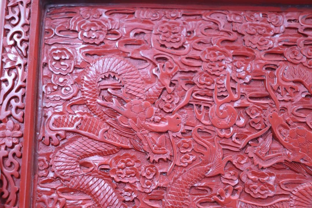 中国　堆朱　硯屏　山水人物&龍紋　送料込み250305