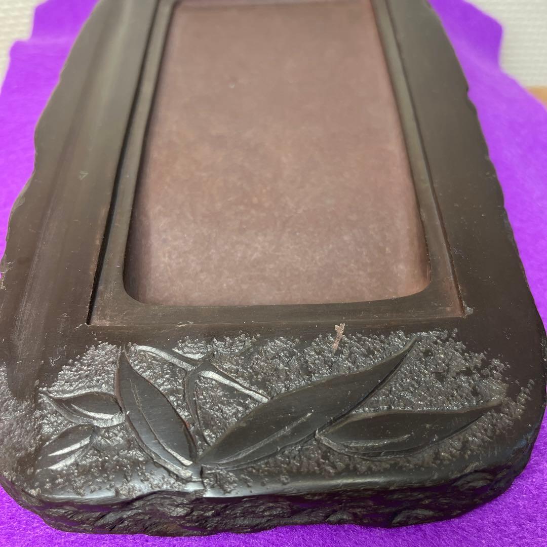 ⭕️赤間硯 植野玉泉堂 玉泉 笹竹葉彫刻石共蓋付き 手間あり入念 蓋