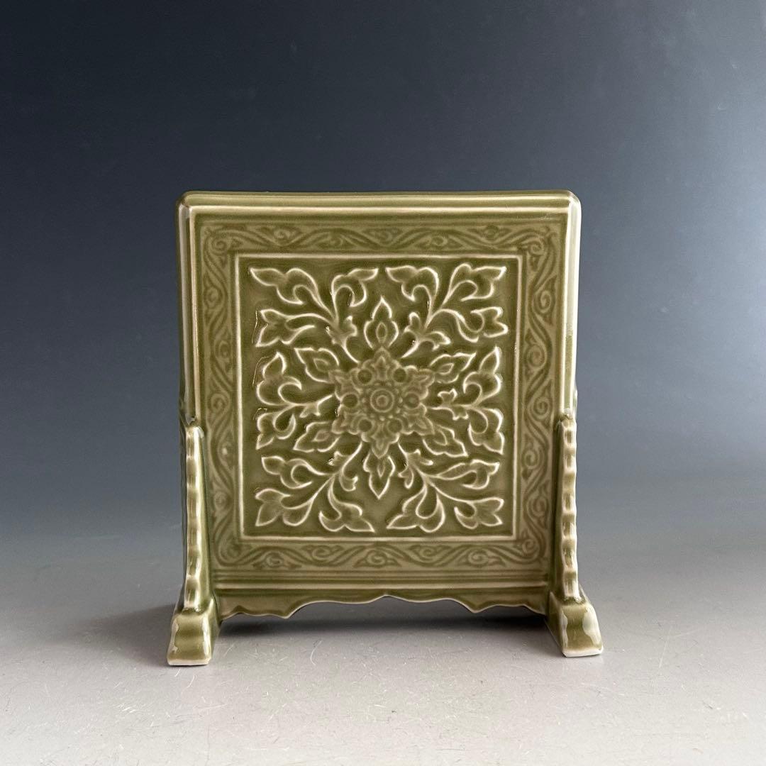 煎茶道具 青磁 龍唐草紋 硯屏 松本石亭 共箱 京焼 文房具