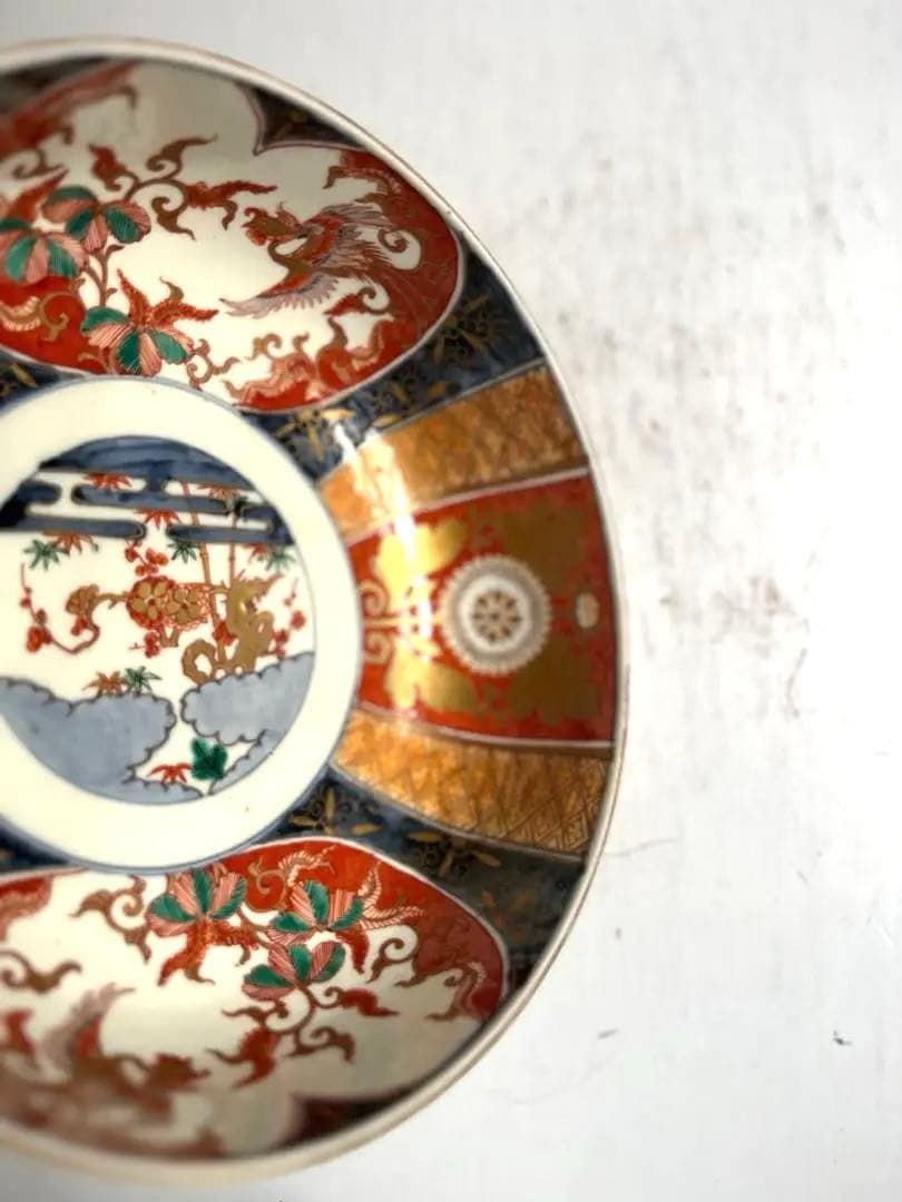 517 骨董 アンティーク 古伊万里 染付 色絵金彩窓絵鳳凰図8寸鉢