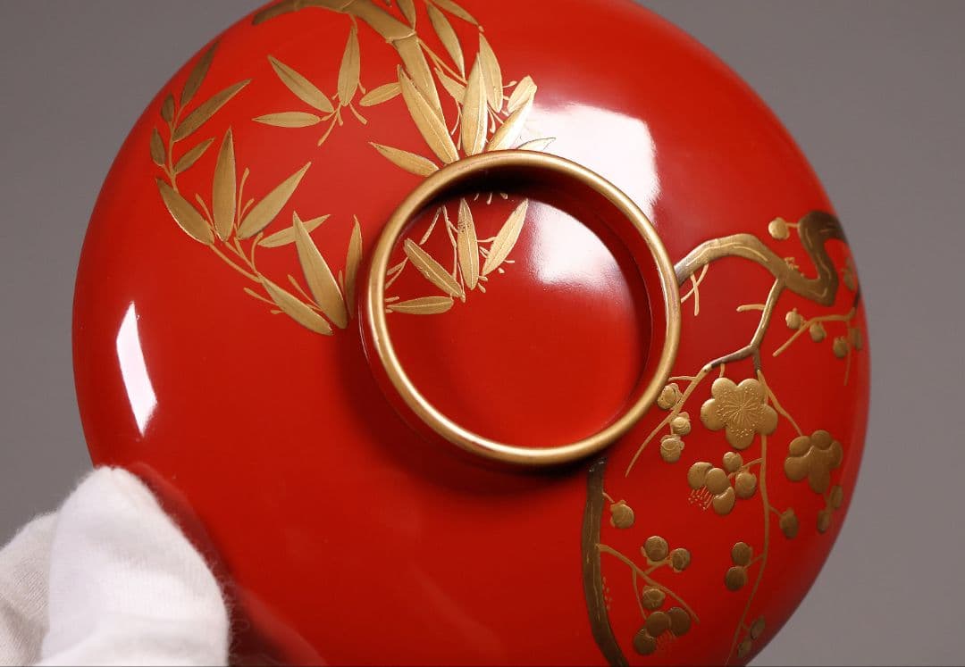 【CM247】時代木製漆器 松竹梅 金蒔絵 朱塗 引盃 五客 木製漆器 小皿 杯