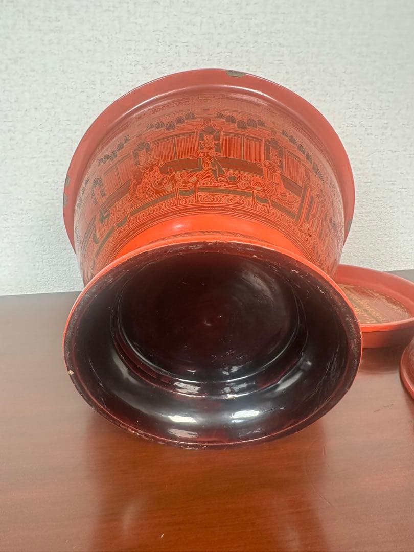 ミャンマー アンティーク 漆器 蒟醤 仏塔形 供物器 高さ約41cm ※31※