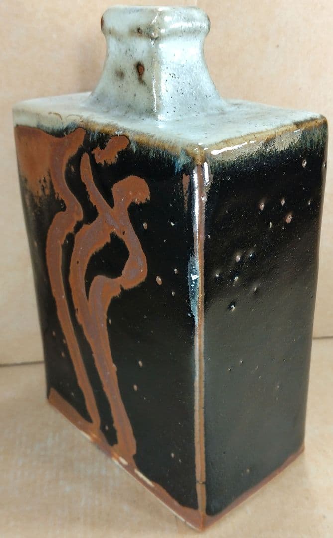 【本物保証】濱田庄司(浜田庄司) 掛分指描扁壷 共箱 人間国宝 益子焼 美品