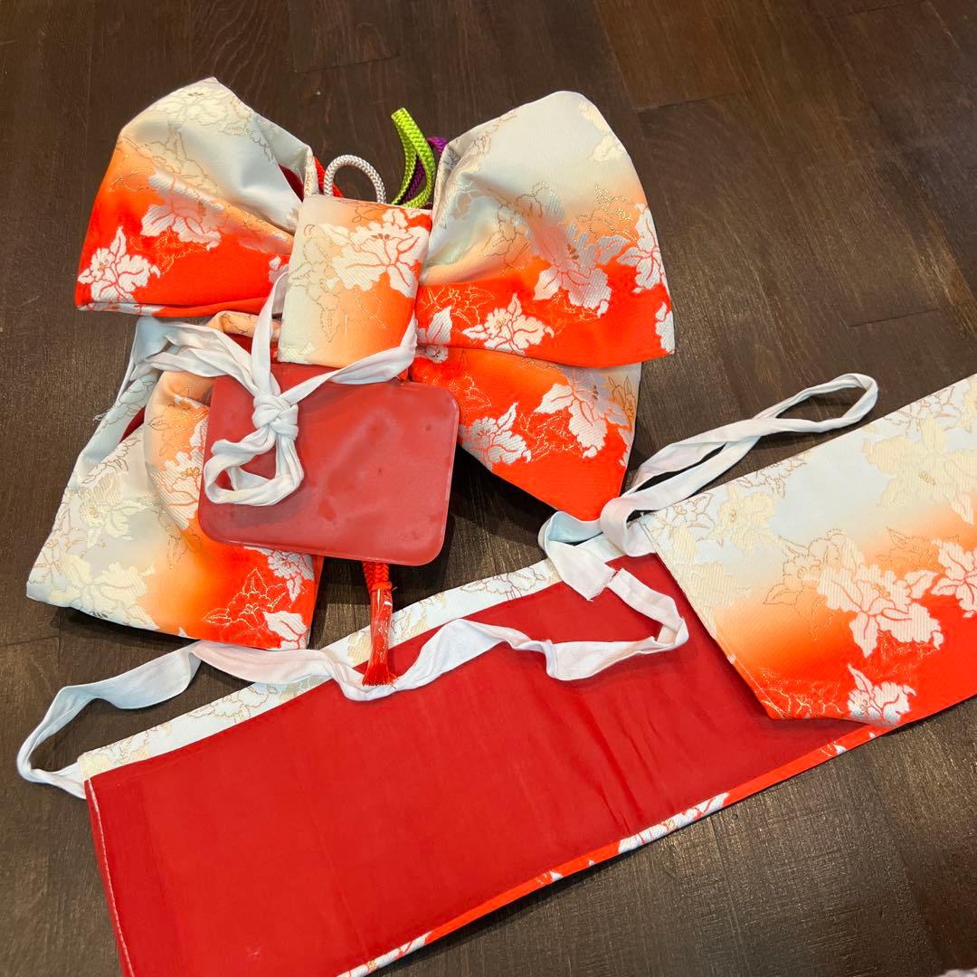 アンティーク 七五三 105cm前後 着物 作り帯 小物一式 フルセット 鼓 赤