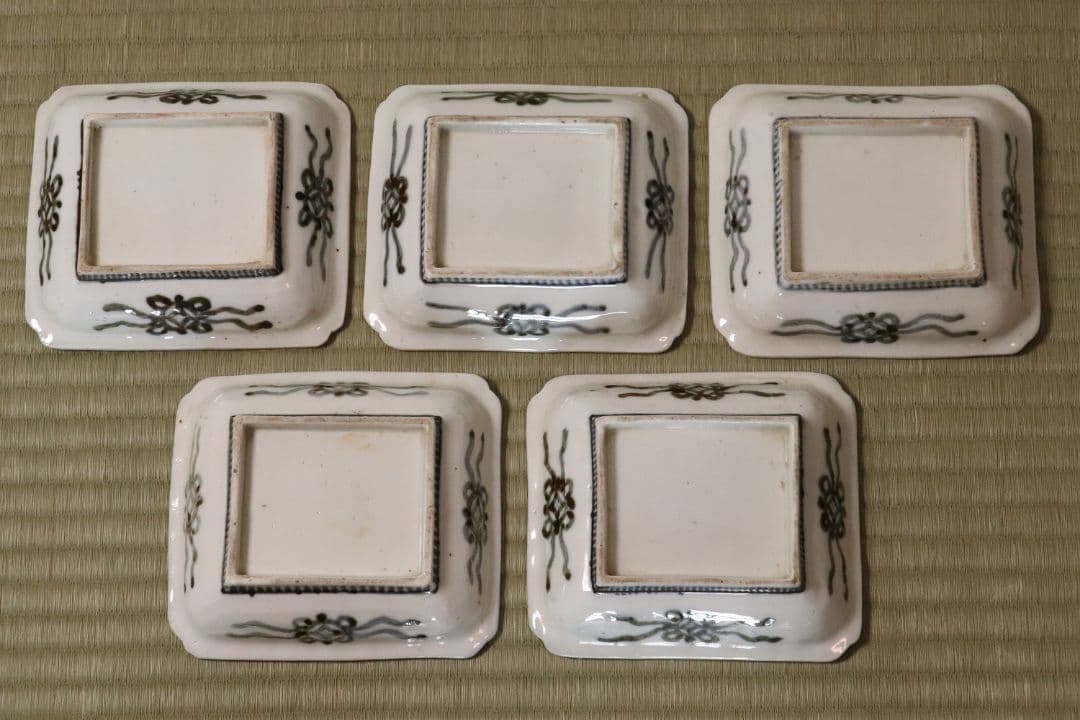 古伊万里 美人図 色絵 角皿 刺身皿 五客 人物 桜 小紋 明治期【MA424