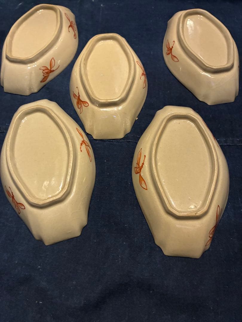 九谷焼 青手 絵がわり 菱皿 5枚 手描き 金彩 古手 傷無し 古