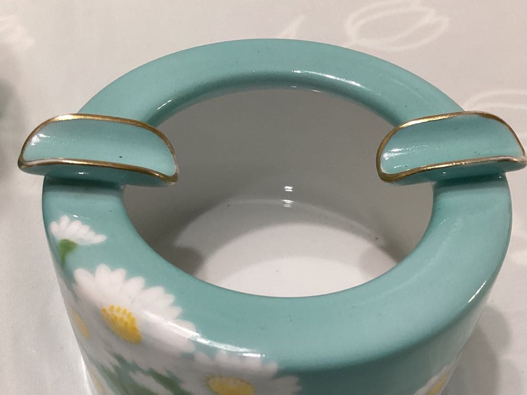 オールドノリタケ 陶器製煙草入れ、灰皿 青地白菊 ビンテージ