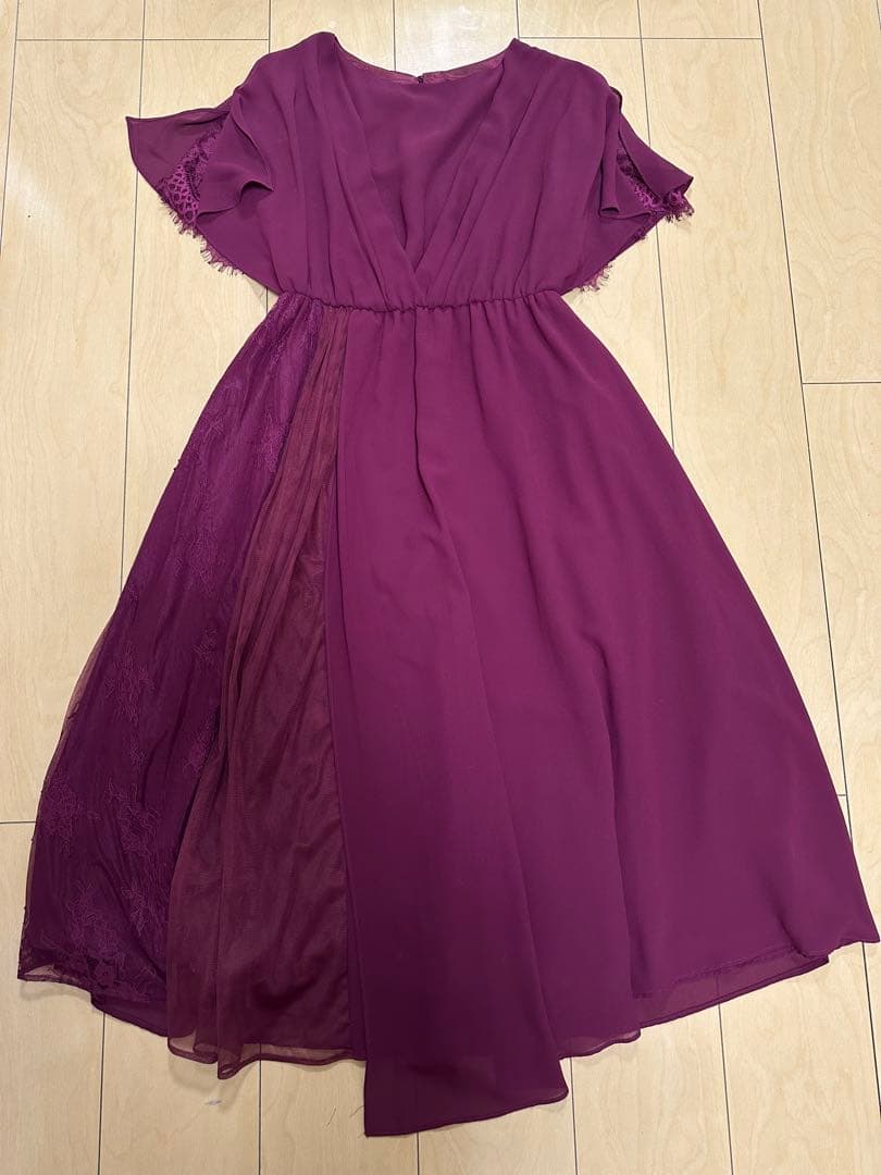 【アサクラ】ワインレッド レース切替 L お呼ばれドレス