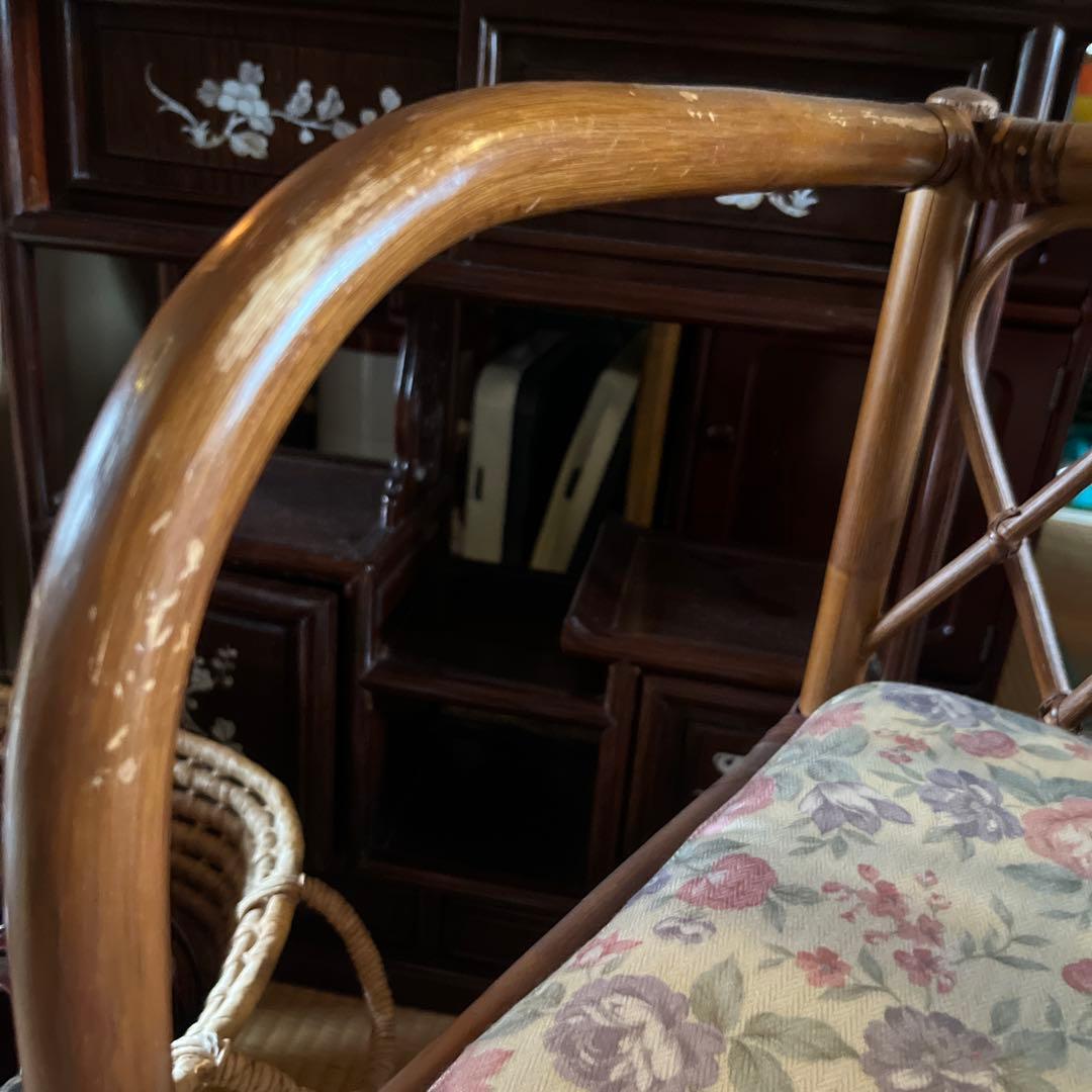 アンティーク ラタン 藤家具 サイドテーブル付きテレフォンベンチ