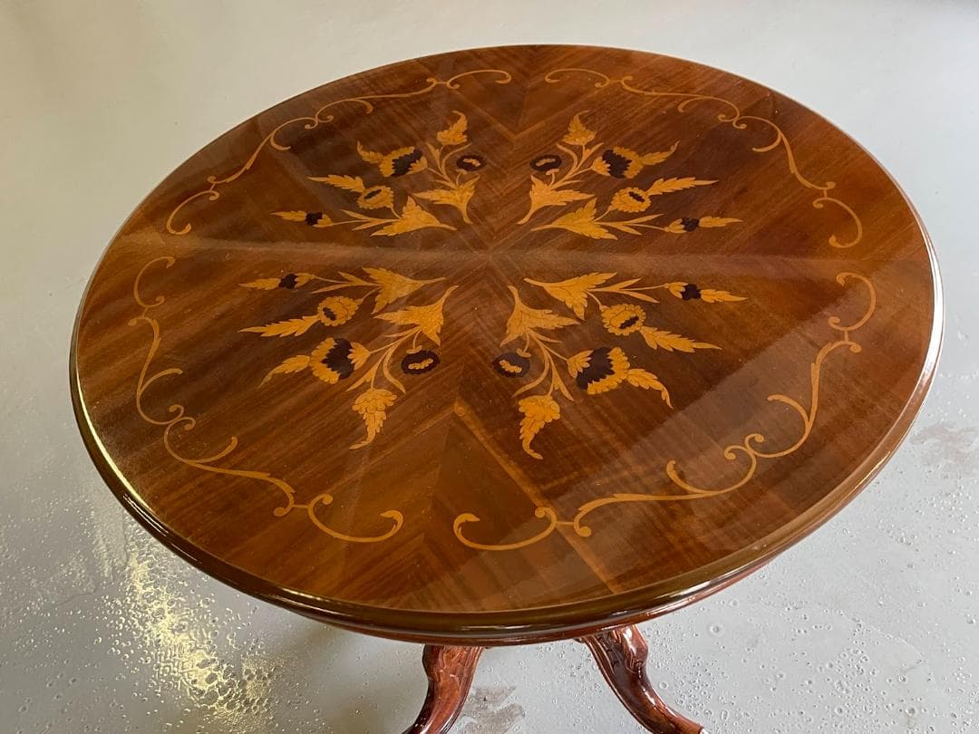 象嵌 ラウンドテーブル 猫脚 木製 直径80㎝ 丸テーブル アンティーク調