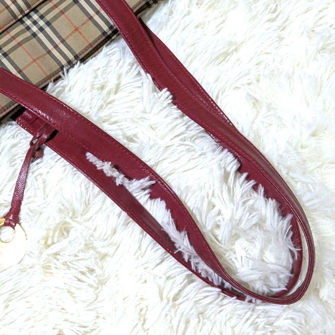 バーバリー　ノバチェック　キャンバス　レザー　ハンドバッグ　トートバッグ　赤