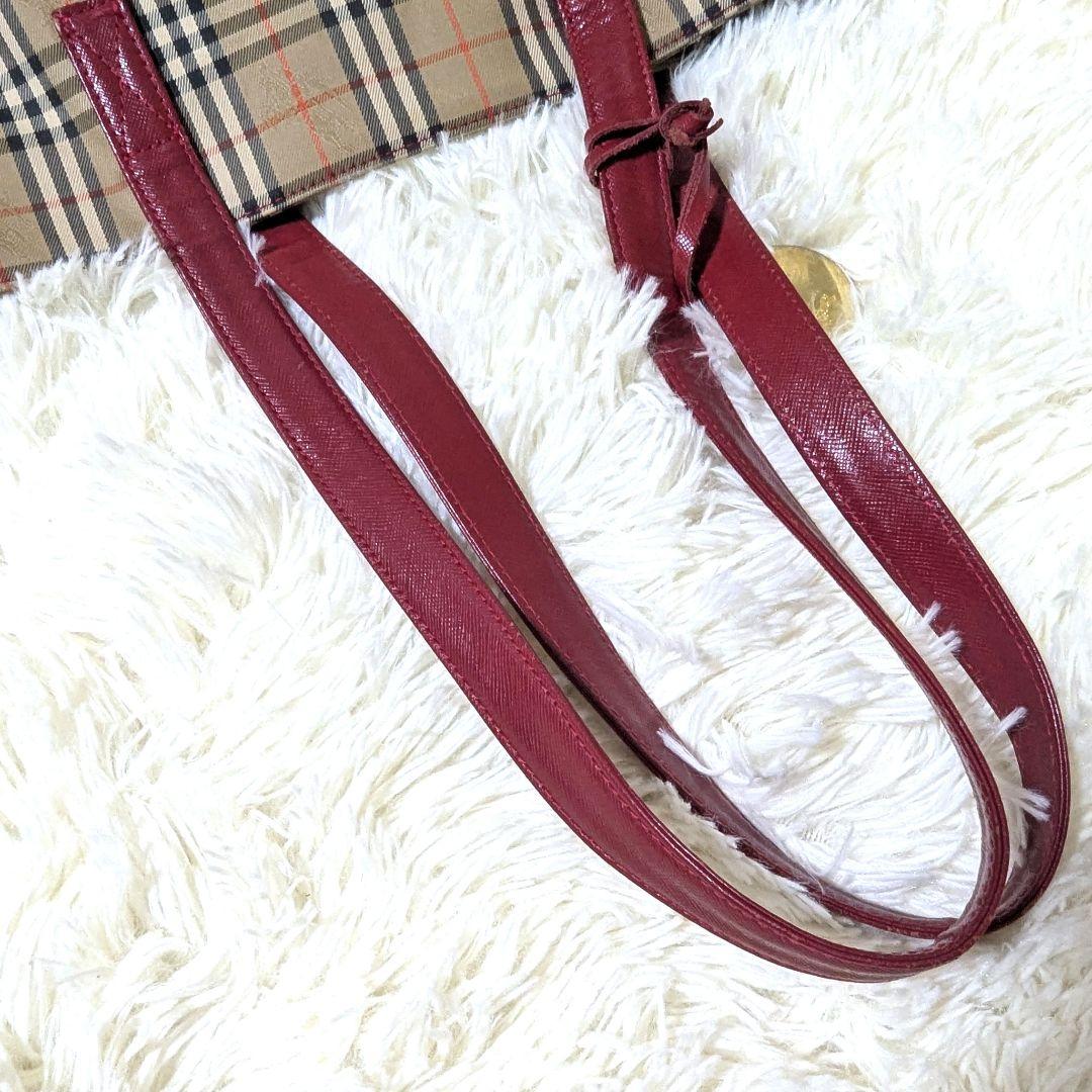 バーバリー　ノバチェック　キャンバス　レザー　ハンドバッグ　トートバッグ　赤