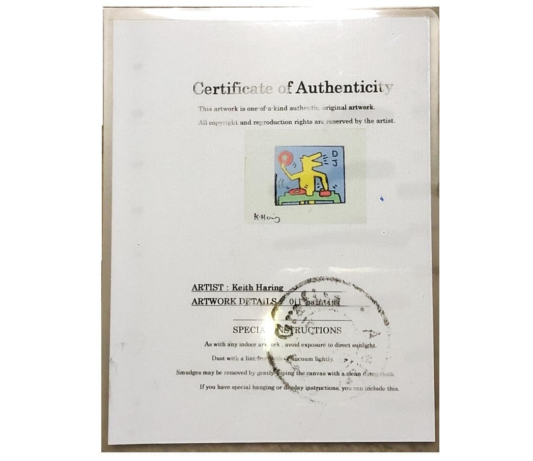 キース・へリング『DJ』】 肉筆油彩 キャンバスF3 額装