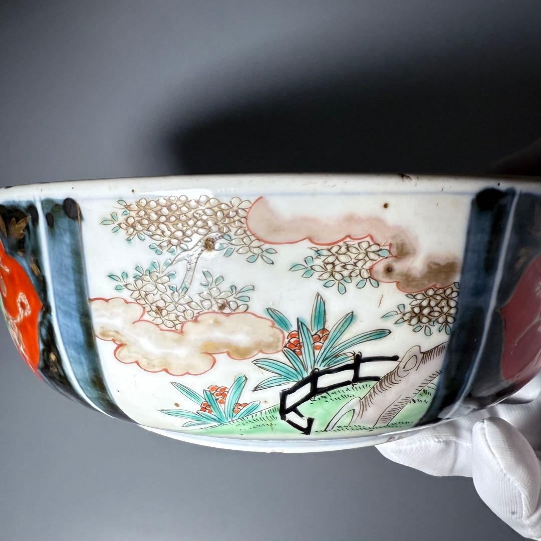 古伊万里　色絵唐獅子三ツ鉢　大中小　珍しい絵付　人物画　二重高台