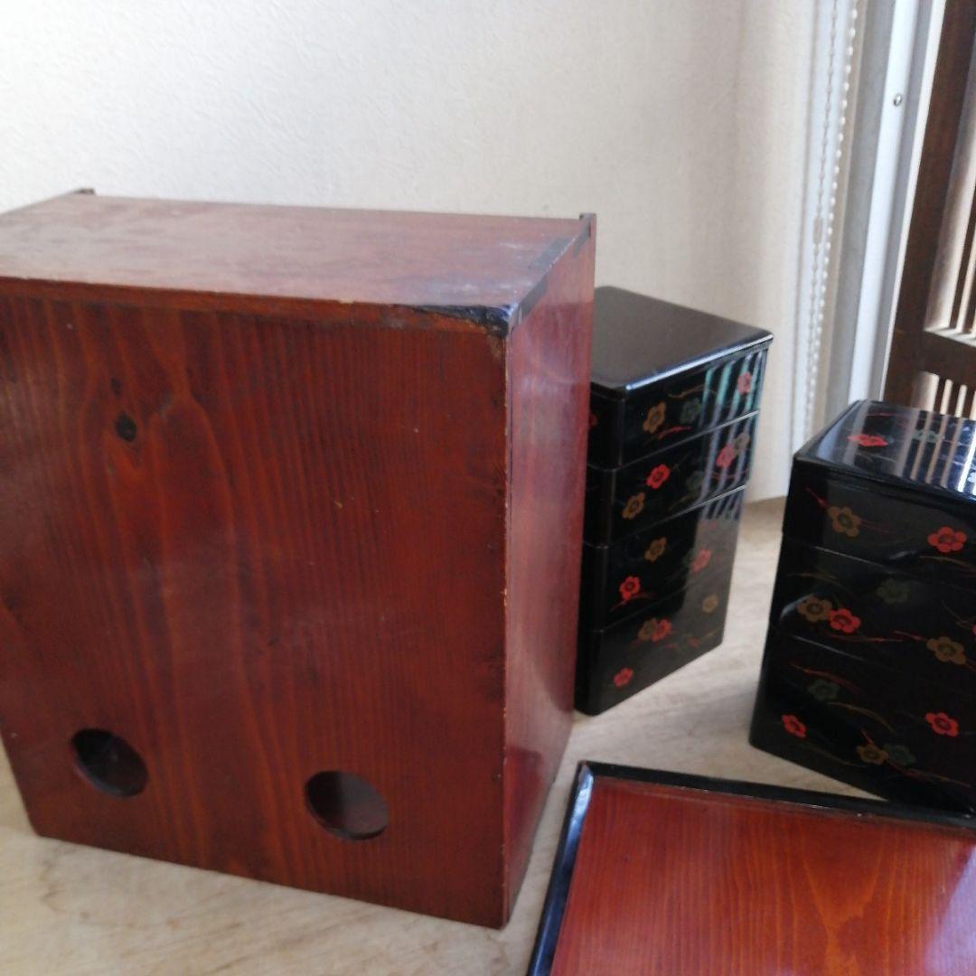 骨董 弁当箱 漆器 木製 重箱 木箱 お盆 セット 松葉に梅