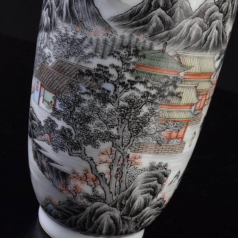 中国　居仁堂製款　山水人物文　盤口瓶　V　R9257